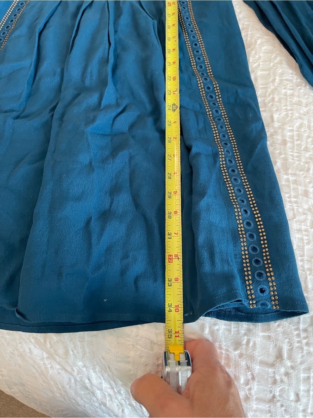 Sugar Lips Boho Peasant Shift Dress Size Small Blue Long Sleeve Gold Accents - Picture 5 of 7